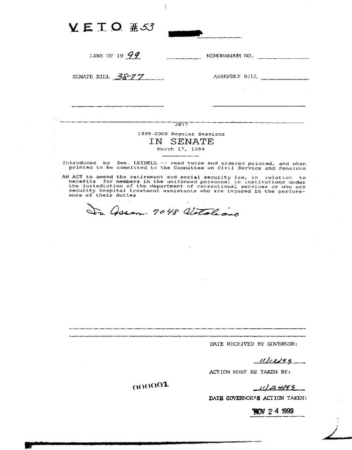 NYS Bill and Veto Jackets: 1999, Veto 53