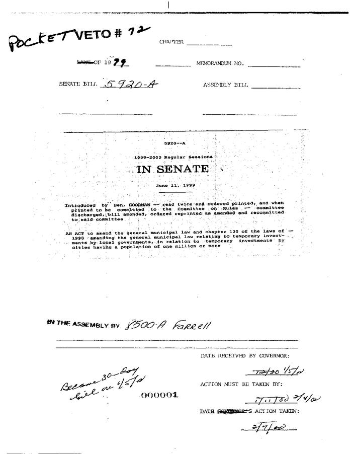 NYS Bill and Veto Jackets: 1999, Veto 72
