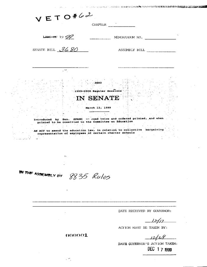 NYS Bill and Veto Jackets: 1999, Veto 62