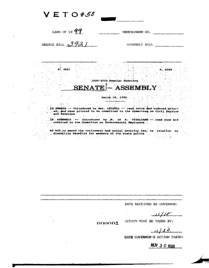 NYS Bill and Veto Jackets: 1999, Veto 58