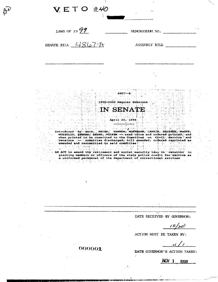 NYS Bill and Veto Jackets: 1999, Veto 40