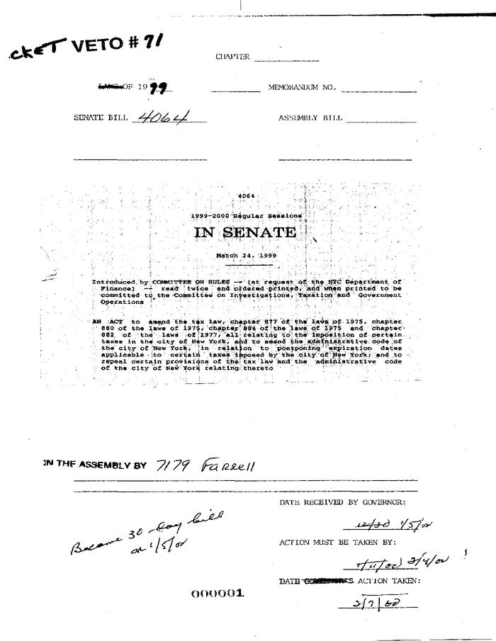 NYS Bill and Veto Jackets: 1999, Veto 71