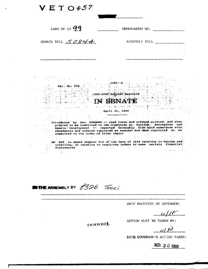 NYS Bill and Veto Jackets: 1999, Veto 57