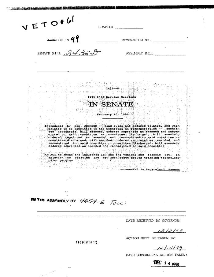 NYS Bill and Veto Jackets: 1999, Veto 61