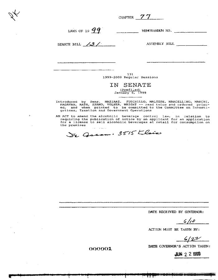 NYS Bill and Veto Jackets: 1999, Chapter 77