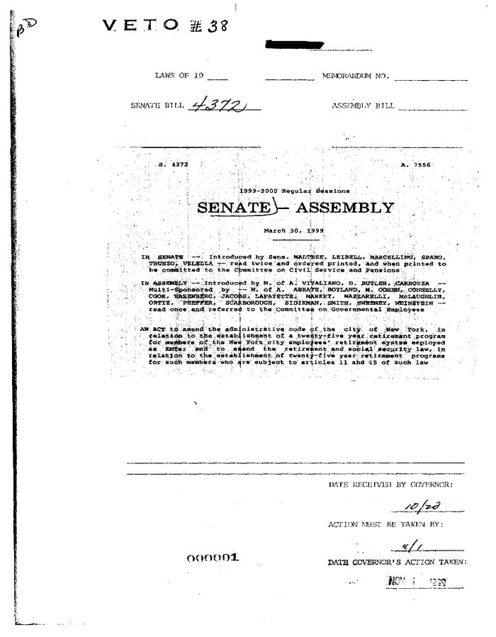 NYS Bill and Veto Jackets: 1999, Veto 38