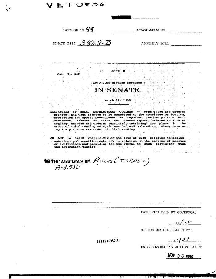 NYS Bill and Veto Jackets: 1999, Veto 56