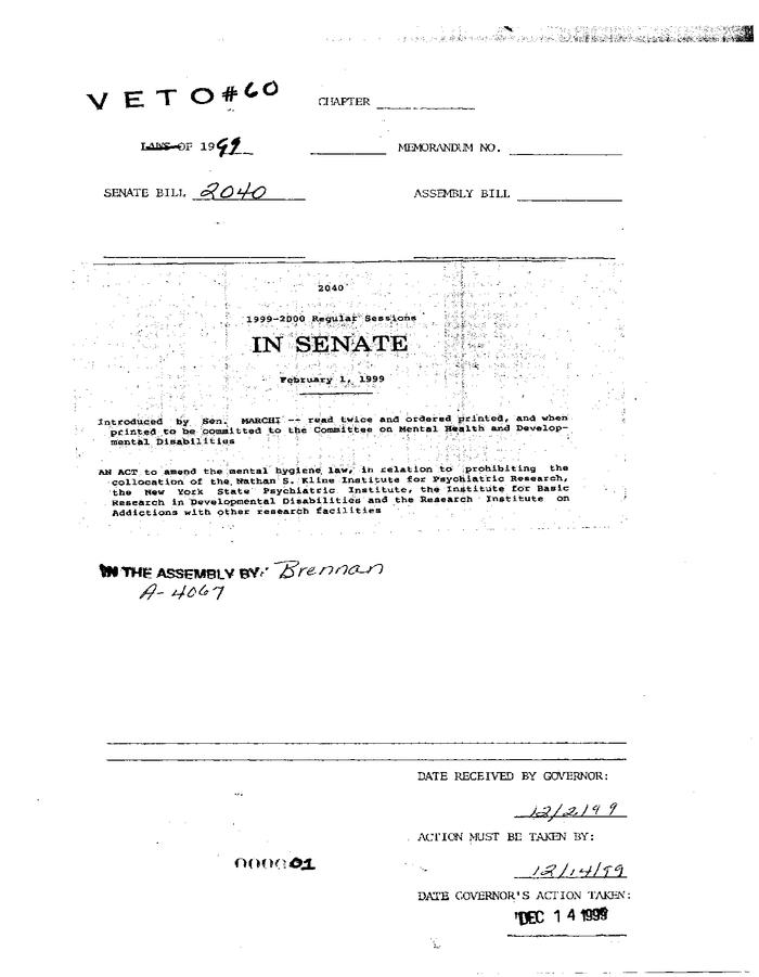 NYS Bill and Veto Jackets: 1999, Veto 60