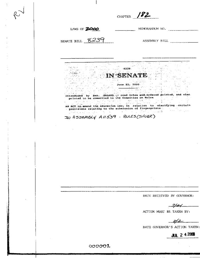 NYS Bill and Veto Jackets: 2000, Chapter 182