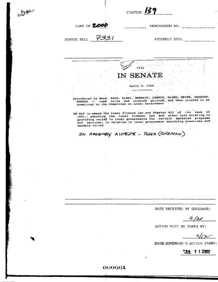 NYS Bill and Veto Jackets: 2000, Chapter 139