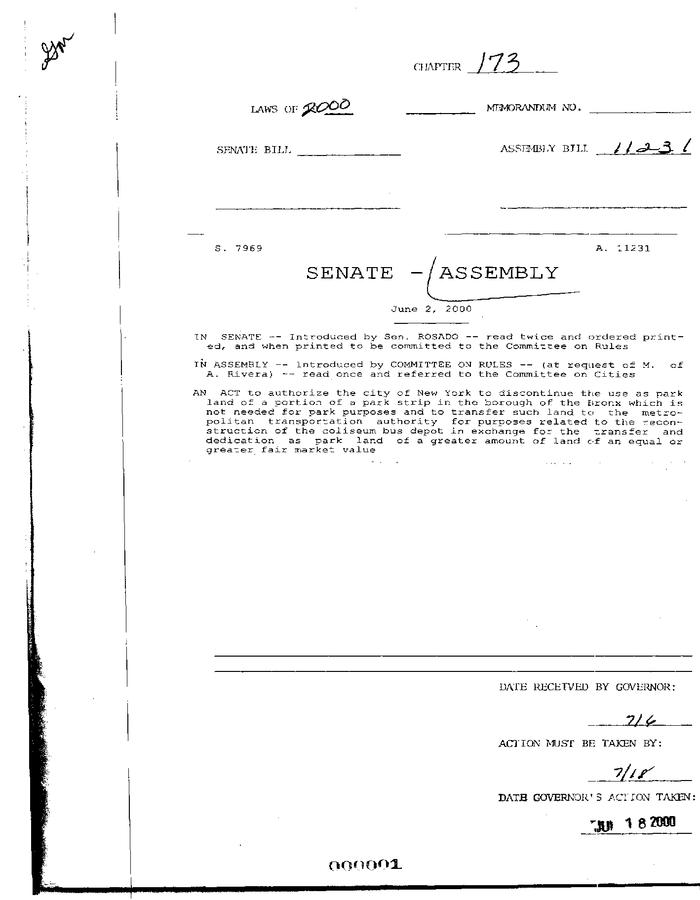NYS Bill and Veto Jackets: 2000, Chapter 173