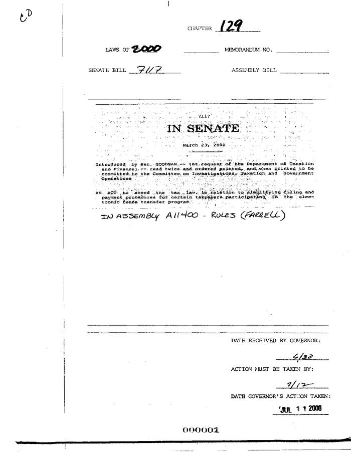 NYS Bill and Veto Jackets: 2000, Chapter 129