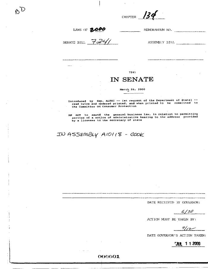 NYS Bill and Veto Jackets: 2000, Chapter 134