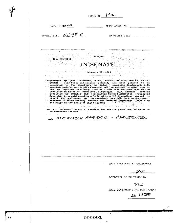NYS Bill and Veto Jackets: 2000, Chapter 156