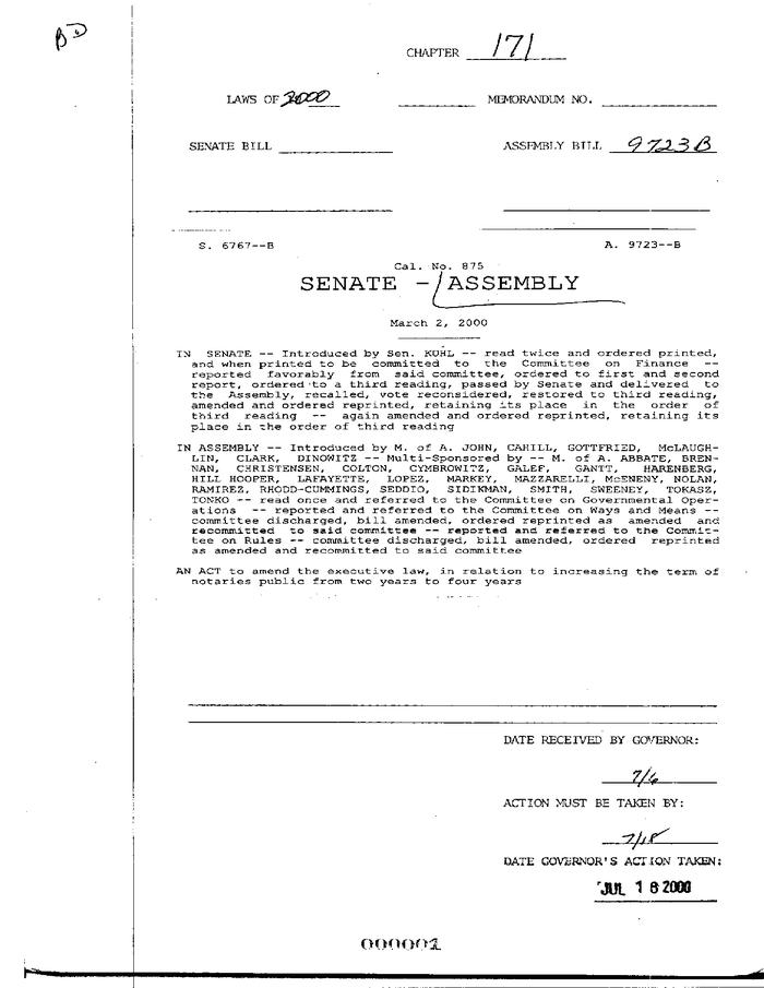 NYS Bill and Veto Jackets: 2000, Chapter 171