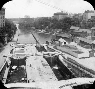 Erie Canal and locks from bridge at Lockport