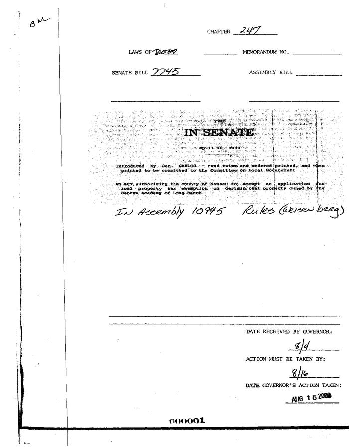 NYS Bill and Veto Jackets: 2000, Chapter 247