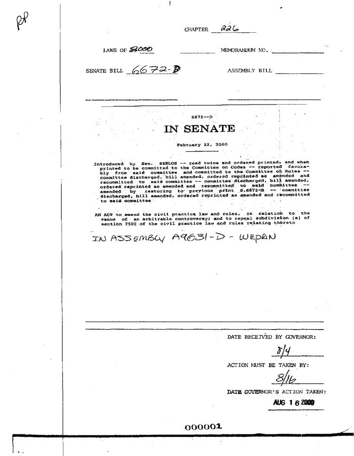 NYS Bill and Veto Jackets: 2000, Chapter 226