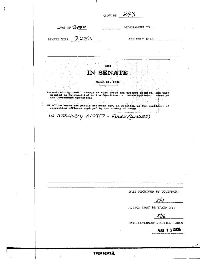 NYS Bill and Veto Jackets: 2000, Chapter 243