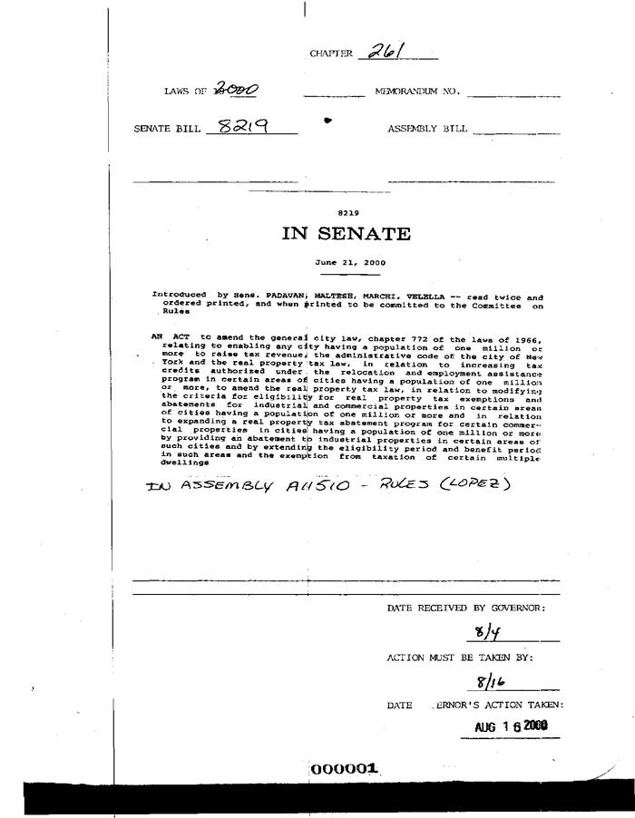 NYS Bill and Veto Jackets: 2000, Chapter 261