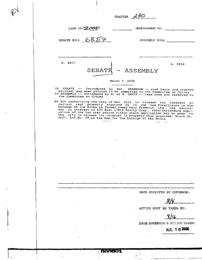 NYS Bill and Veto Jackets: 2000, Chapter 230