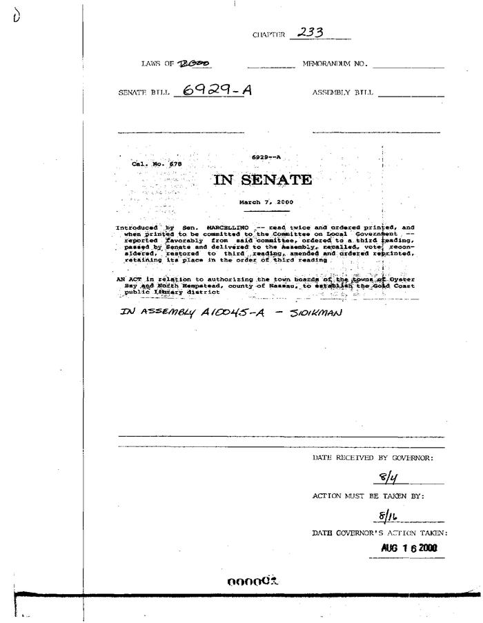 NYS Bill and Veto Jackets: 2000, Chapter 233