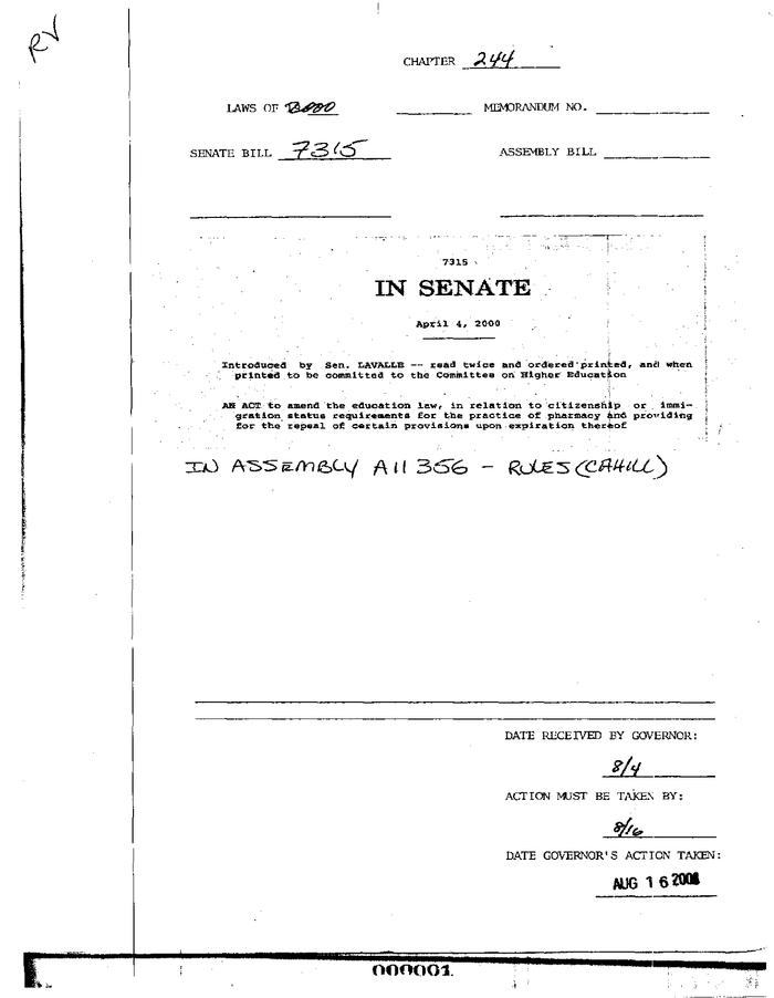 NYS Bill and Veto Jackets: 2000, Chapter 244