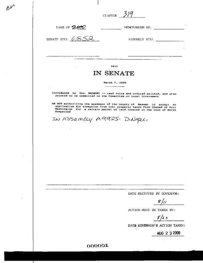 NYS Bill and Veto Jackets: 2000, Chapter 319