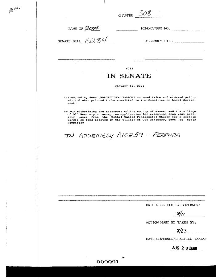 NYS Bill and Veto Jackets: 2000, Chapter 308