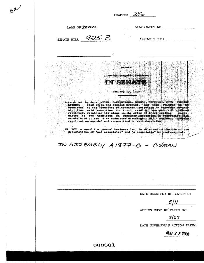 NYS Bill and Veto Jackets: 2000, Chapter 286
