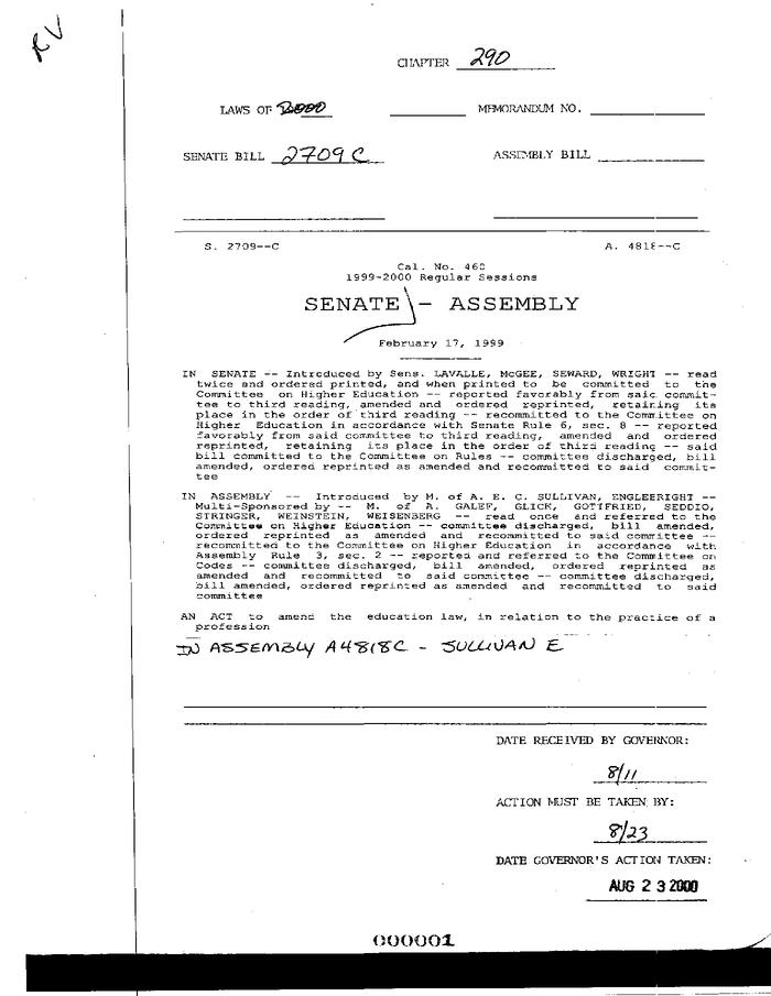 NYS Bill and Veto Jackets: 2000, Chapter 290