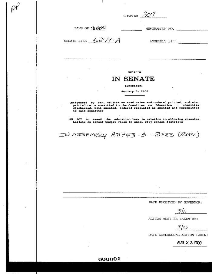 NYS Bill and Veto Jackets: 2000, Chapter 307