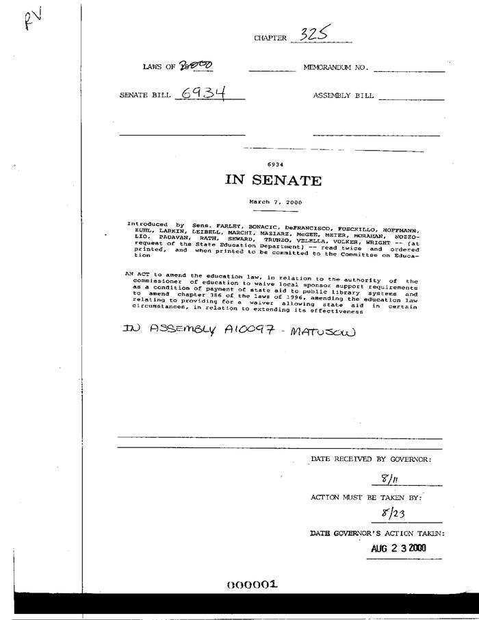 NYS Bill and Veto Jackets: 2000, Chapter 325