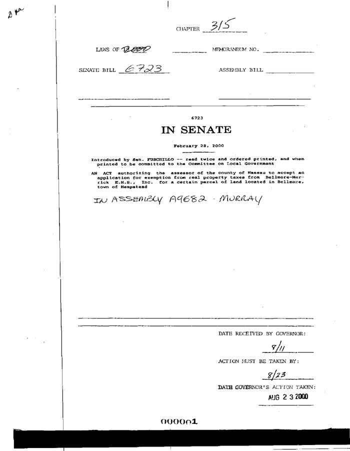 NYS Bill and Veto Jackets: 2000, Chapter 315