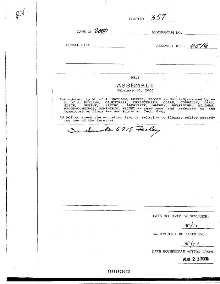 NYS Bill and Veto Jackets: 2000, Chapter 357