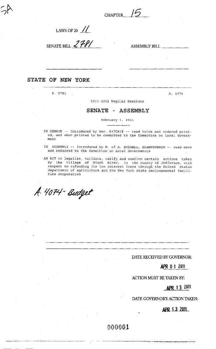 NYS Bill and Veto Jackets: 2011, Chapter 15