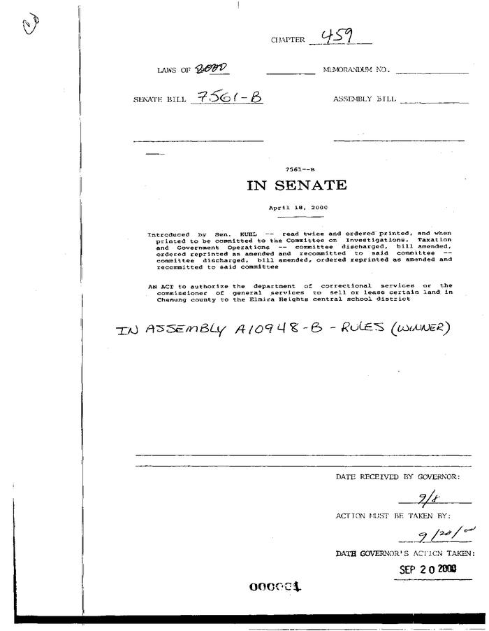 NYS Bill and Veto Jackets: 2000, Chapter 459