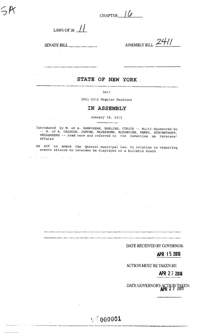 NYS Bill and Veto Jackets: 2011, Chapter 16