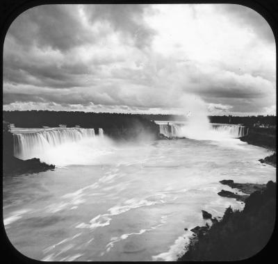 Panorama from Steel Arch Bridge showing "Maid of the Mist" at Niagara Falls