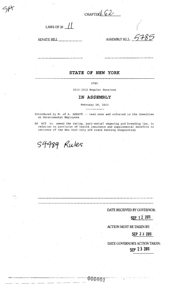 NYS Bill and Veto Jackets: 2011, Veto 62