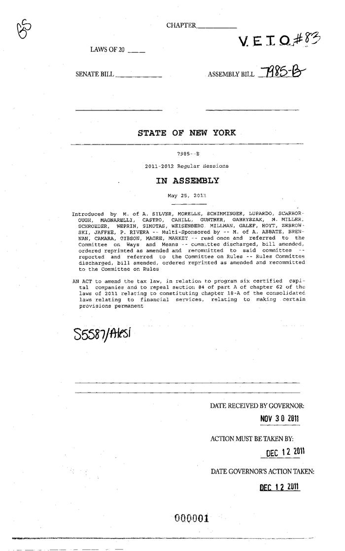 NYS Bill and Veto Jackets: 2011, Veto 83