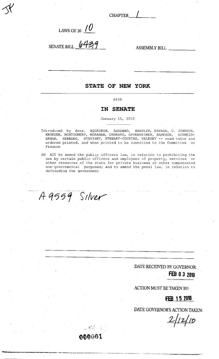 NYS Bill and Veto Jackets: 2010, Chapter 1