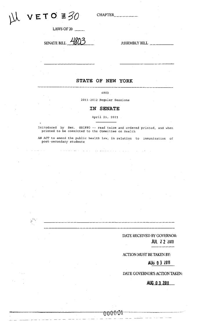 NYS Bill and Veto Jackets: 2011, Veto 30