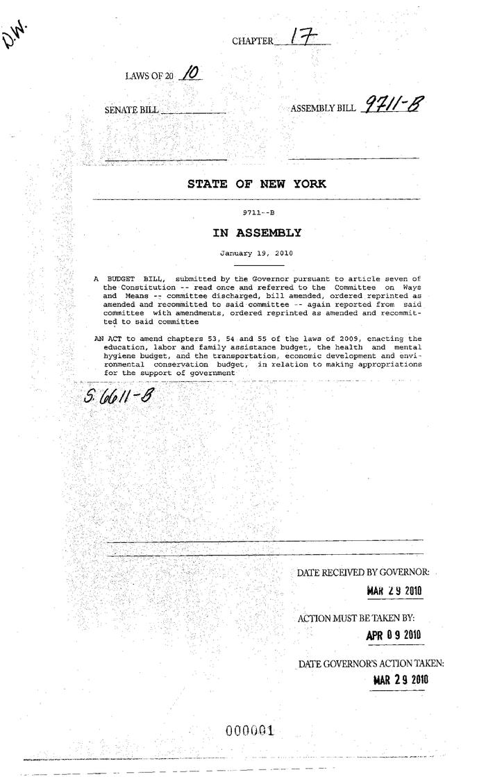 NYS Bill and Veto Jackets: 2010, Chapter 17