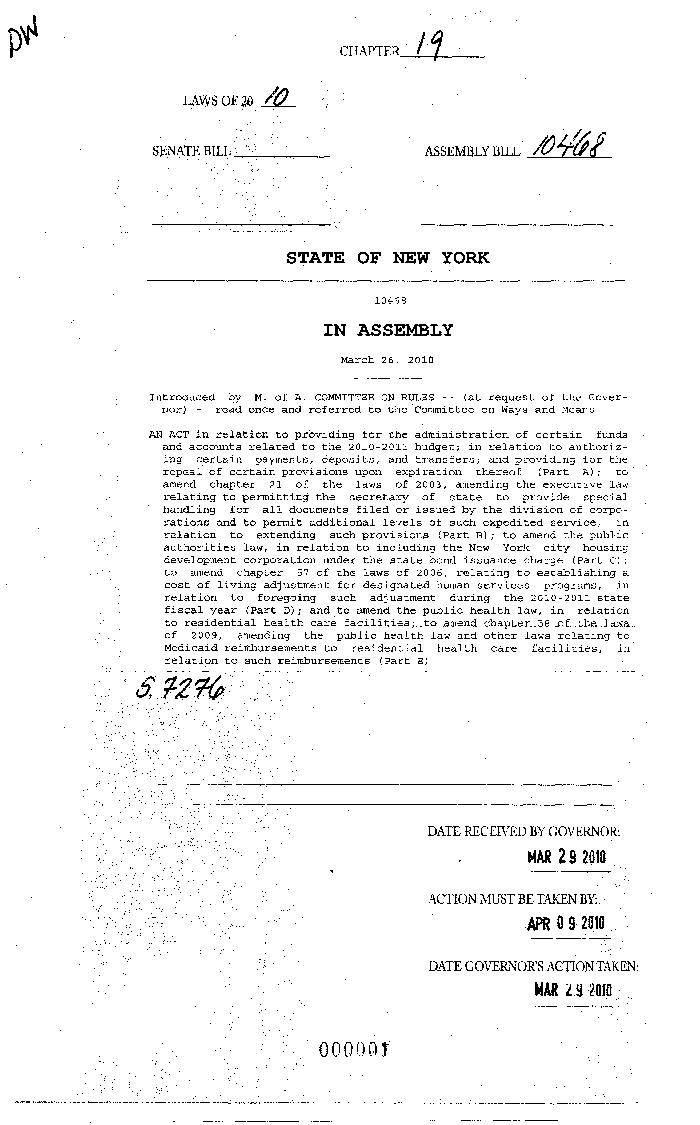 NYS Bill and Veto Jackets: 2010, Chapter 19