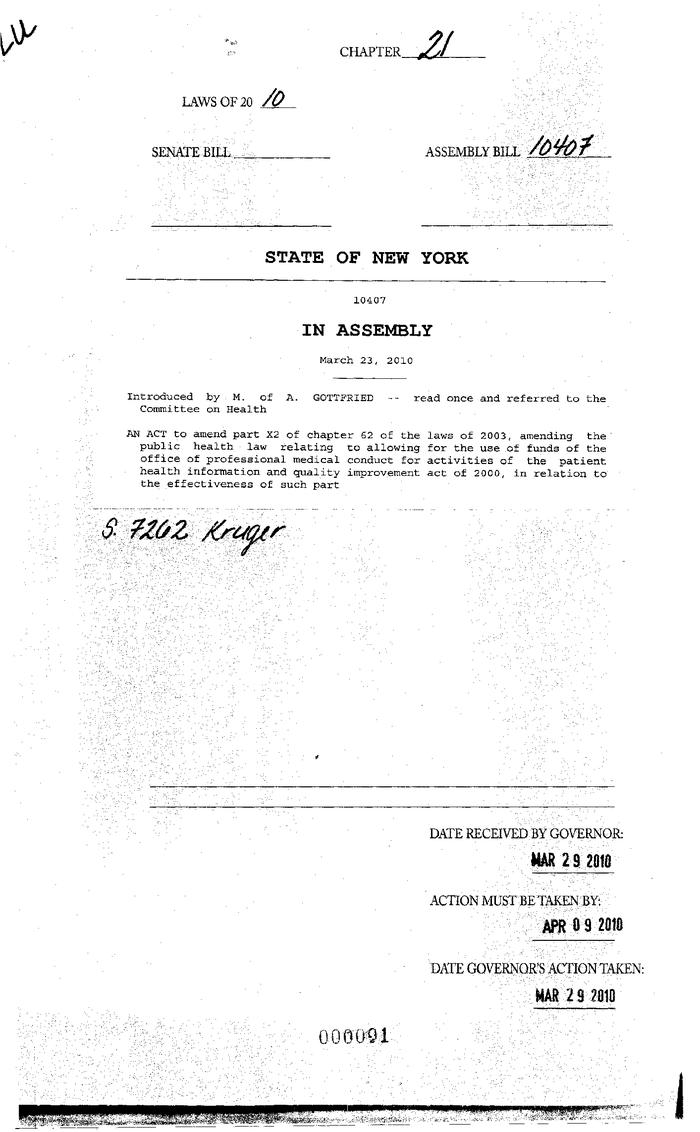 NYS Bill and Veto Jackets: 2010, Chapter 21