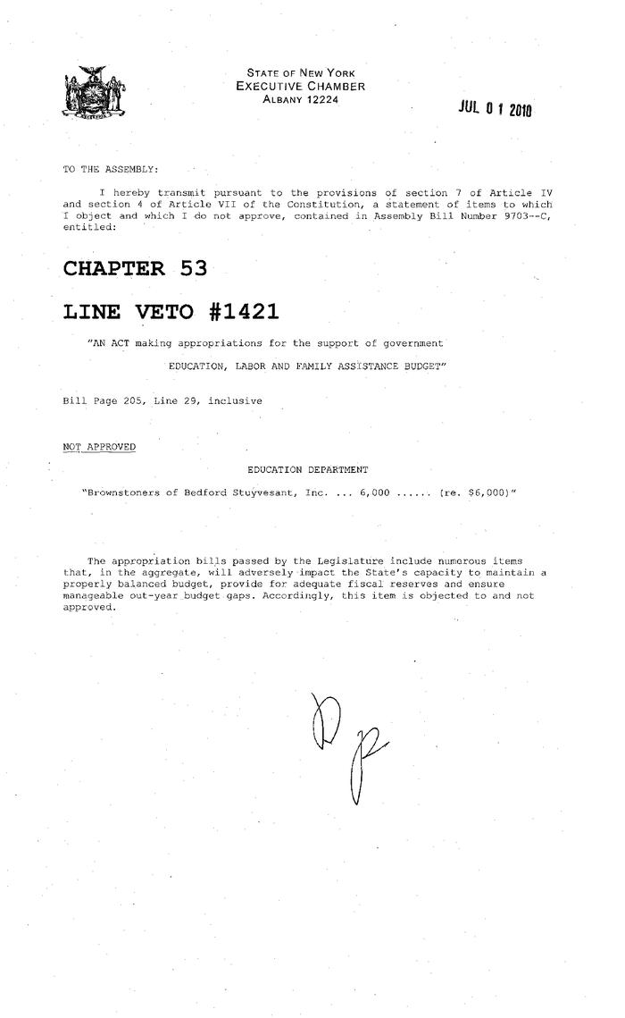 NYS Bill and Veto Jackets: 2010, Line Item Vetoes 1421-1470