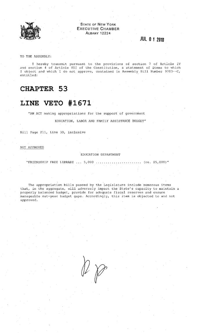 NYS Bill and Veto Jackets: 2010, Line Item Vetoes 1671-1720