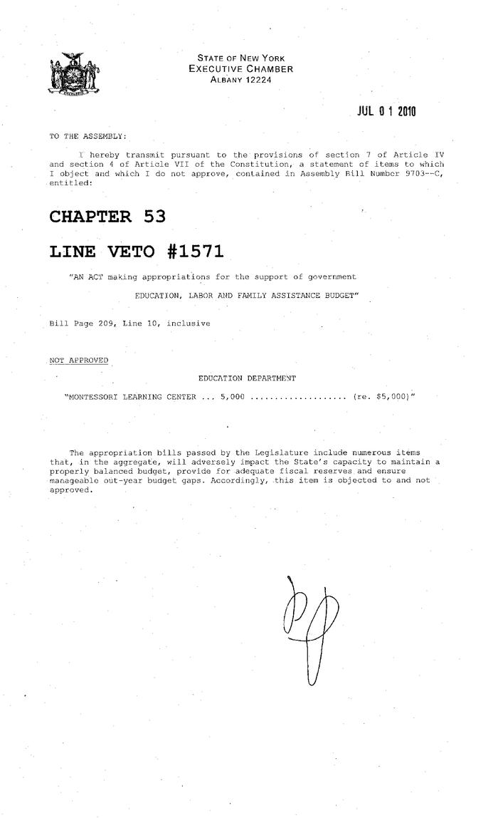 NYS Bill and Veto Jackets: 2010, Line Item Vetoes 1571-1620