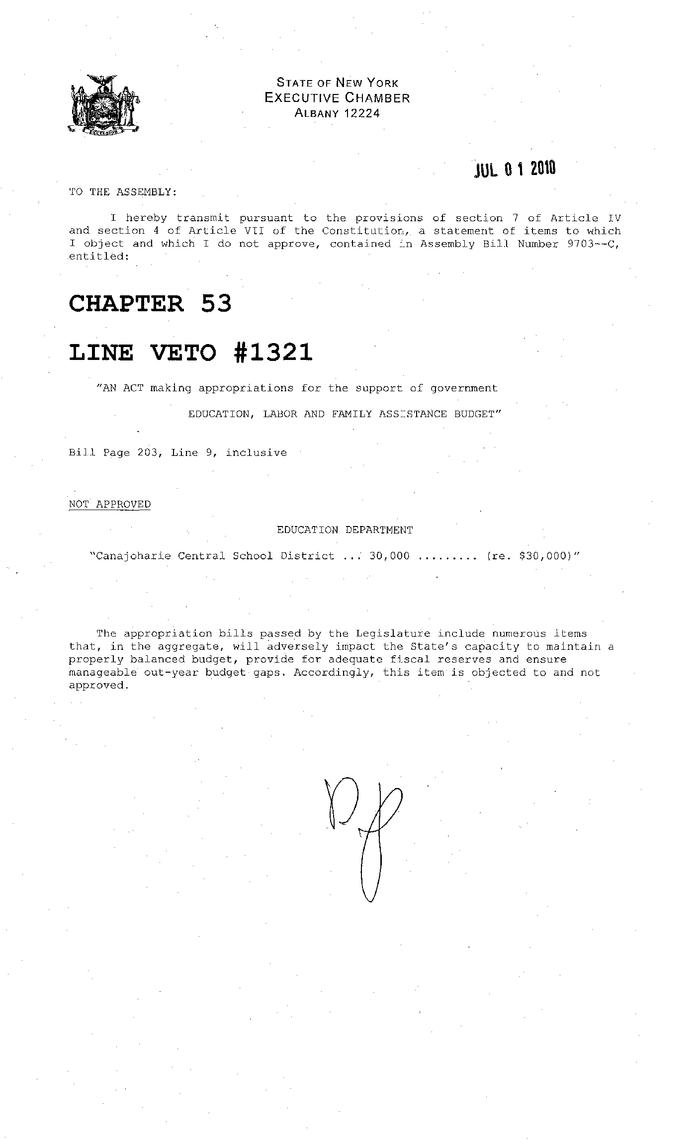 NYS Bill and Veto Jackets: 2010, Line Item Vetoes 1321-1370